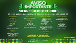 OFICINAS RECAUDADORAS BRINDARÁN SERVICIO EL VIERNES 31 DE OCTUBRE