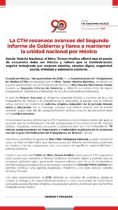 La CTM reconoce avances del Segundo Informe de Gobierno y llama a mantener la unidad nacional por México